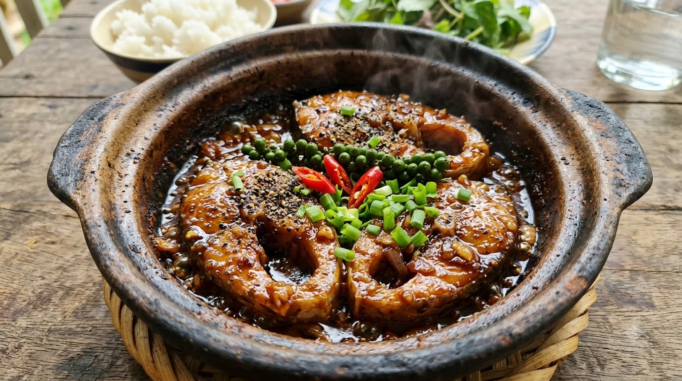 Các bước kho cá linh với nước mắm, đường và tiêu theo kiểu miền Tây Nồi cá linh kho tiêu đang được đun trên bếp với nước kho màu nâu cánh gián, tiêu đen và ớt tươi