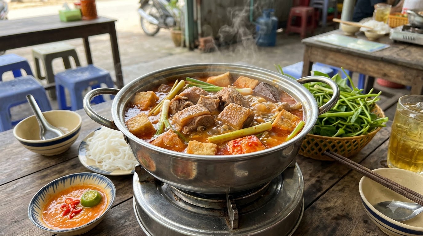 Nồi vịt nấu chao đang sôi nhẹ với các miếng thịt vịt, khoai môn và nước dùng chao có màu vàng cam