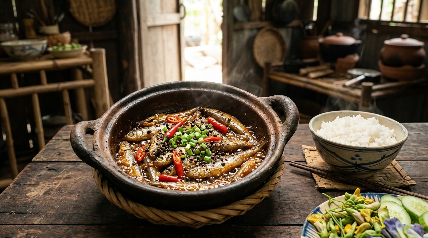 Dấu hiệu nhận biết cá linh kho tiêu chín đều và thấm gia vị Cá linh kho chín có màu nâu vàng tự nhiên, thân cá nguyên vẹn và nước kho sánh nhẹ phủ quanh