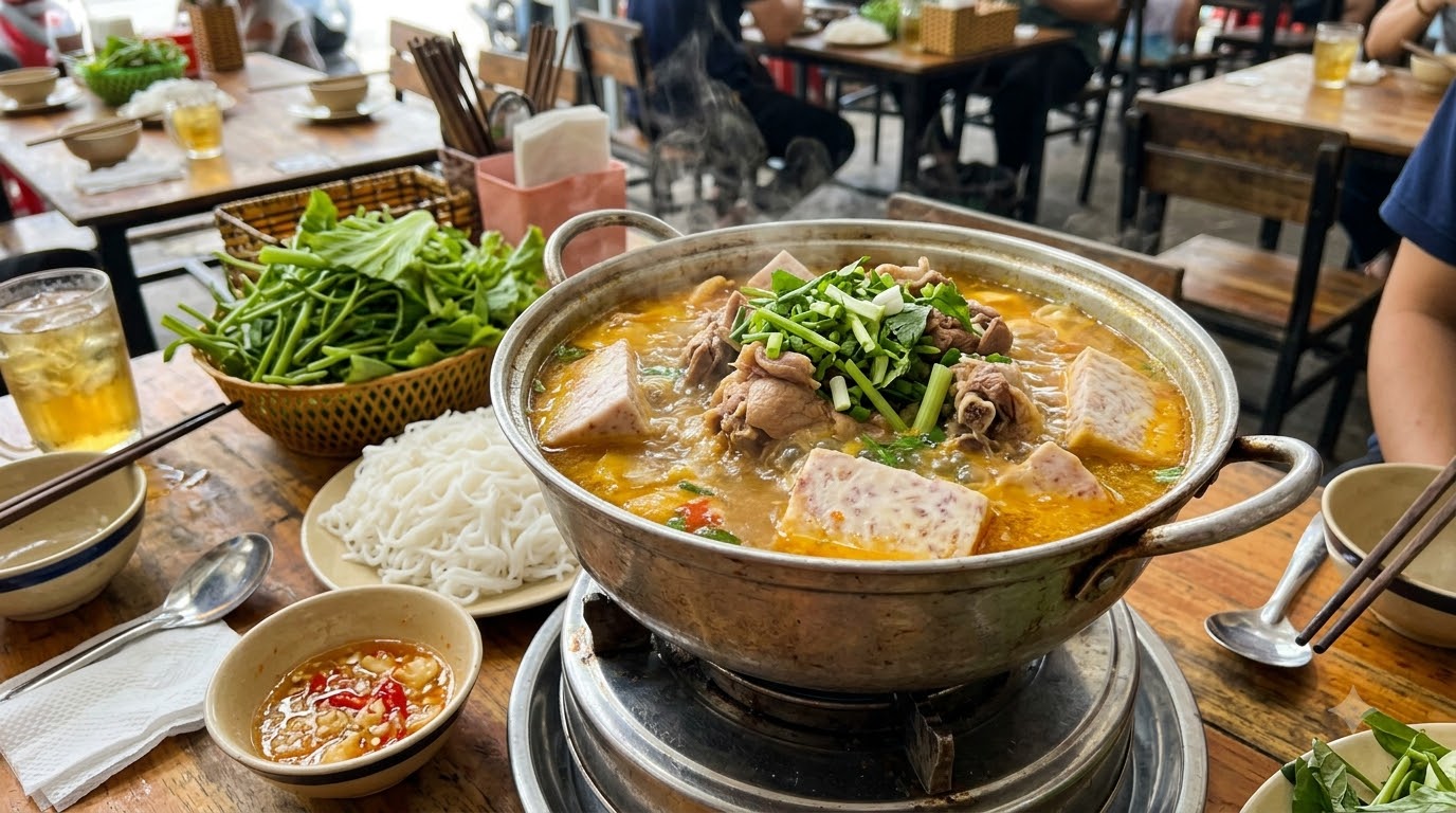 Nồi vịt nấu chao hoàn thành với thịt vịt chín mềm, khoai môn còn nguyên miếng và nước dùng sánh nhẹ