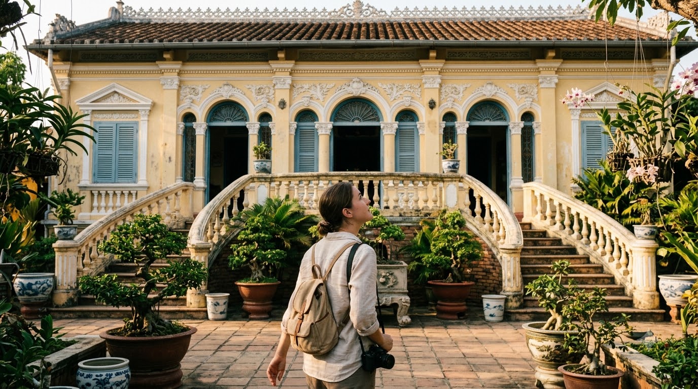 Thời điểm đẹp để ngắm kiến trúc và chụp ảnh tại Nhà cổ Bình Thủy Mặt tiền ngôi nhà cổ ở Bình Thủy trong ánh sáng ban ngày thuận lợi cho hoạt động ngắm cảnh và chụp ảnh