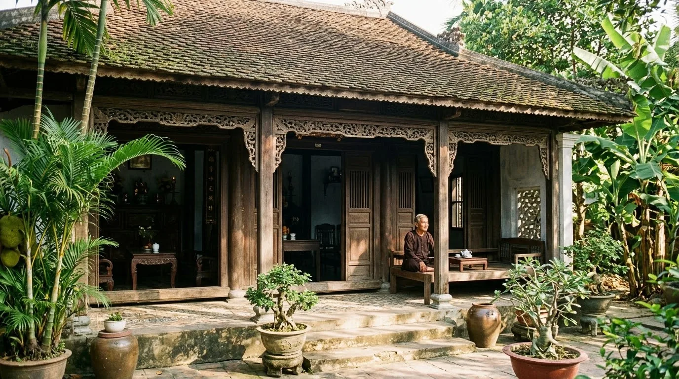 Tủ thờ gia tiên cẩn ốc xà cừ ngũ sắc đặt tại vị trí trung tâm gian chính