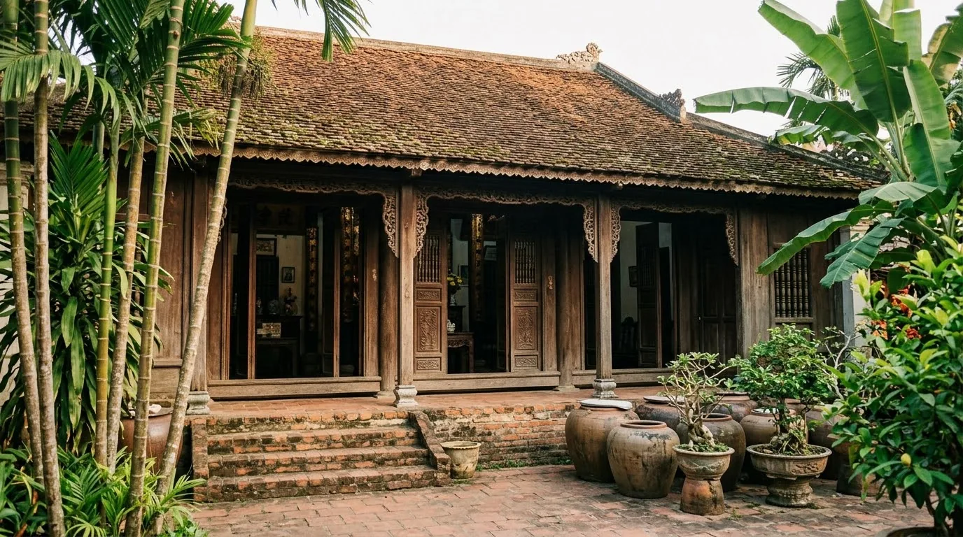 Ngôi nhà cổ Nam Bộ bằng gỗ ba gian hai chái trong khuôn viên rợp bóng cây xanh