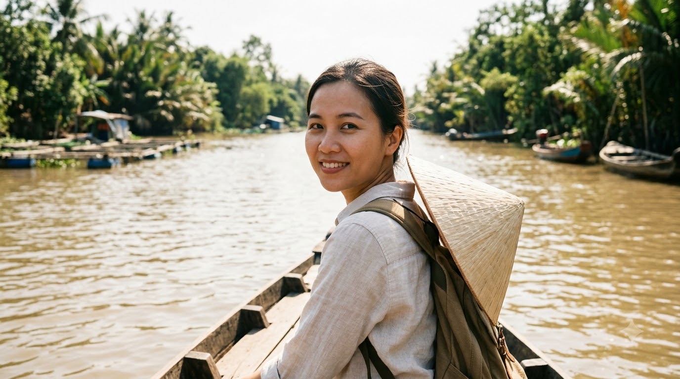 Du khách mặc áo phao khi di chuyển bằng đò trên sông Hậu trong chuyến tham quan Cồn Sơn