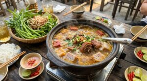 Nồi vịt nấu chao ăn kèm chén chao pha ớt, nước dừa tươi, bún và rau xanh để điều chỉnh hương vị