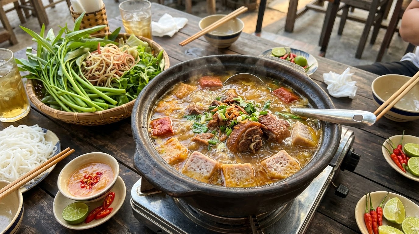 Nồi vịt nấu chao ăn kèm chén chao pha ớt, nước dừa tươi, bún và rau xanh để điều chỉnh hương vị