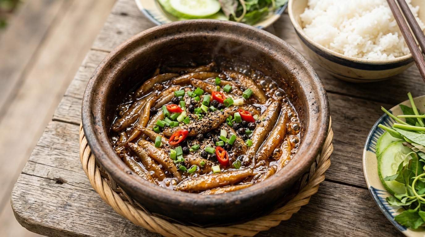 Cá linh kho tiêu và các nguyên liệu chuẩn bị cho 4–6 người Cá linh kho tiêu miền Tây trong nồi đất bên cạnh cá linh tươi, nước mắm, tiêu đen, hành tím và tỏi