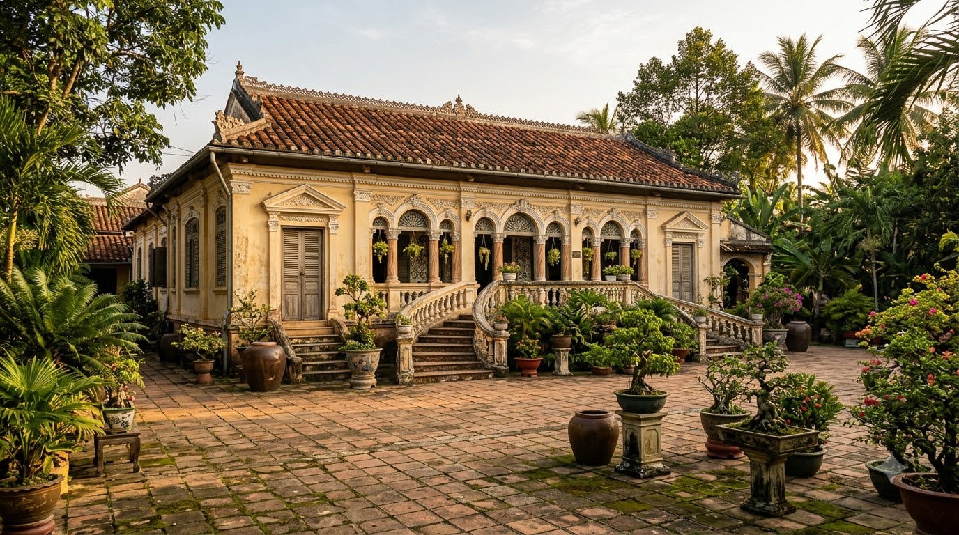 Khám phá kiến trúc và không gian nội thất cổ của nhà thờ họ Dương Không gian kiến trúc và nội thất cổ bên trong Nhà cổ Bình Thủy với các chi tiết trang trí truyền thống