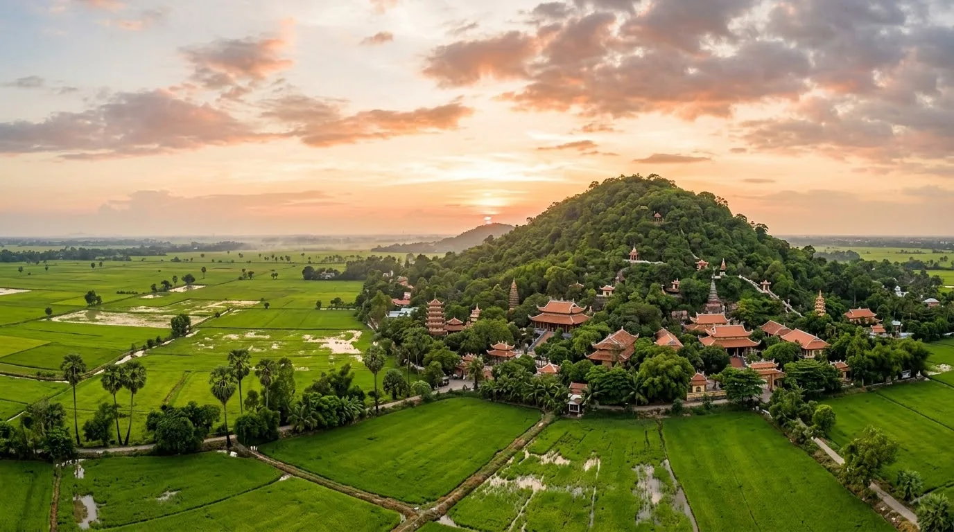 Du khách chiêm bái trước điện thờ Miếu Bà Chúa Xứ Núi Sam linh thiêng