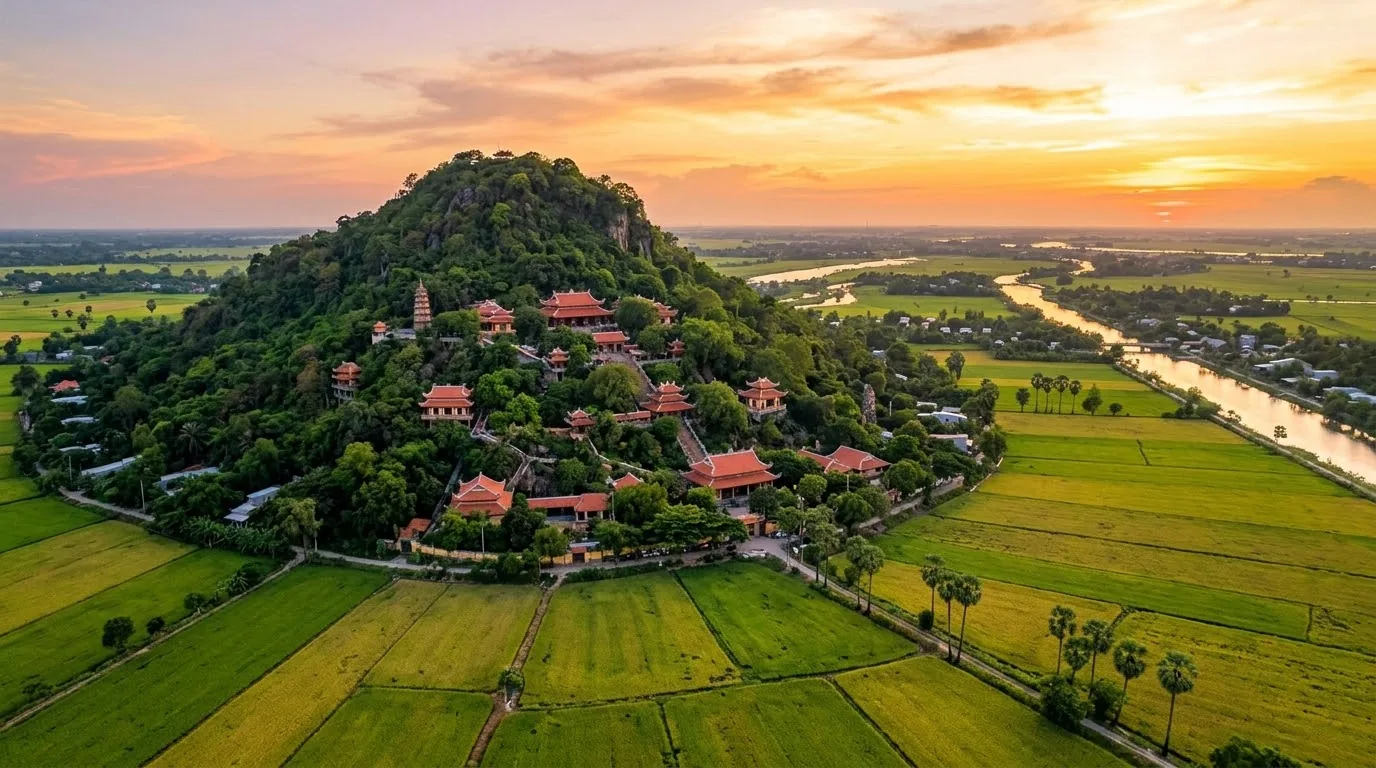 Toàn cảnh Núi Sam Châu Đốc nhìn từ trên cao giữa cánh đồng lúa mùa nước nổi